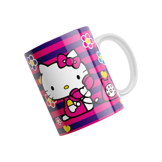 Tazas Hello Kitty "Kitty Rayas Rosas y Moradas". Aptas para el lavavajillas y microondas.