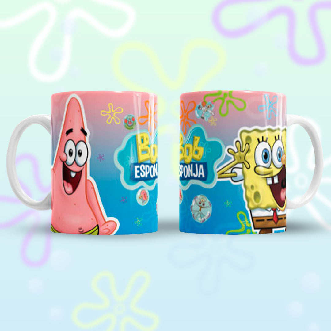 Taza Bob Esponja "Pat y Bob Felices". Aptas para el lavavajillas y microondas.