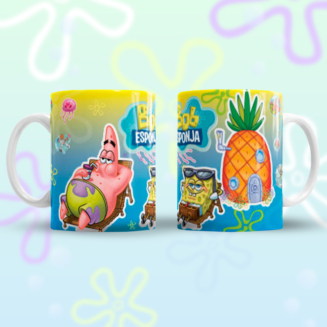 Taza Bob Esponja "Pat y Bob tumbados". Aptas para el lavavajillas y microondas.