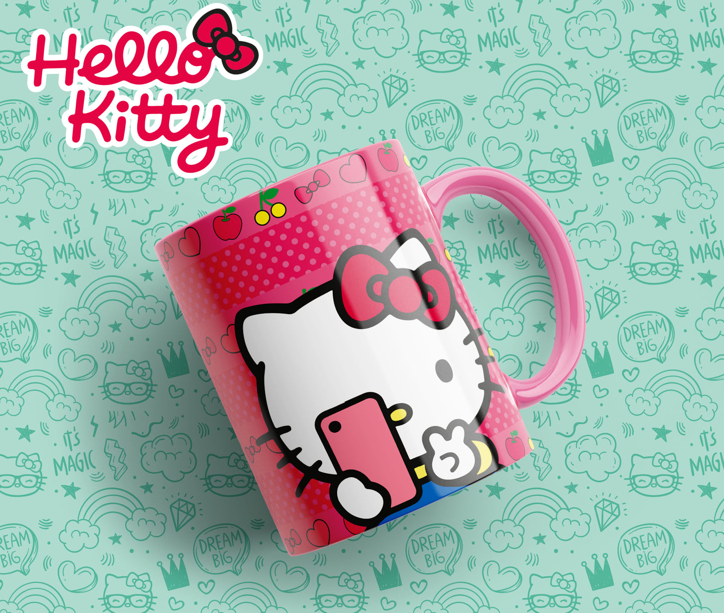 Tazas Hello Kitty "Kitty Móvil". Aptas para el lavavajillas y microondas.