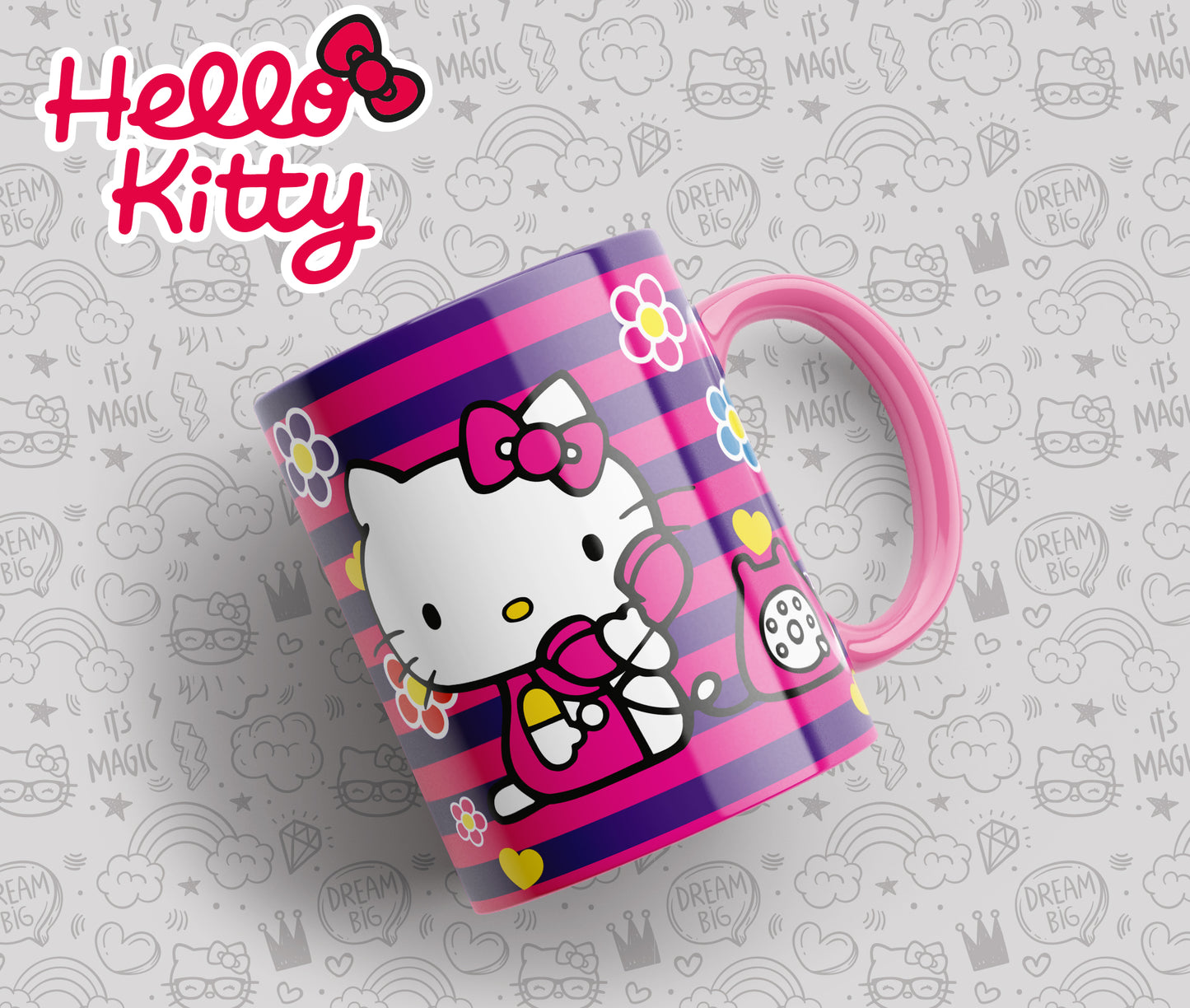 Tazas Hello Kitty "Kitty Rayas Rosas y Moradas". Aptas para el lavavajillas y microondas.