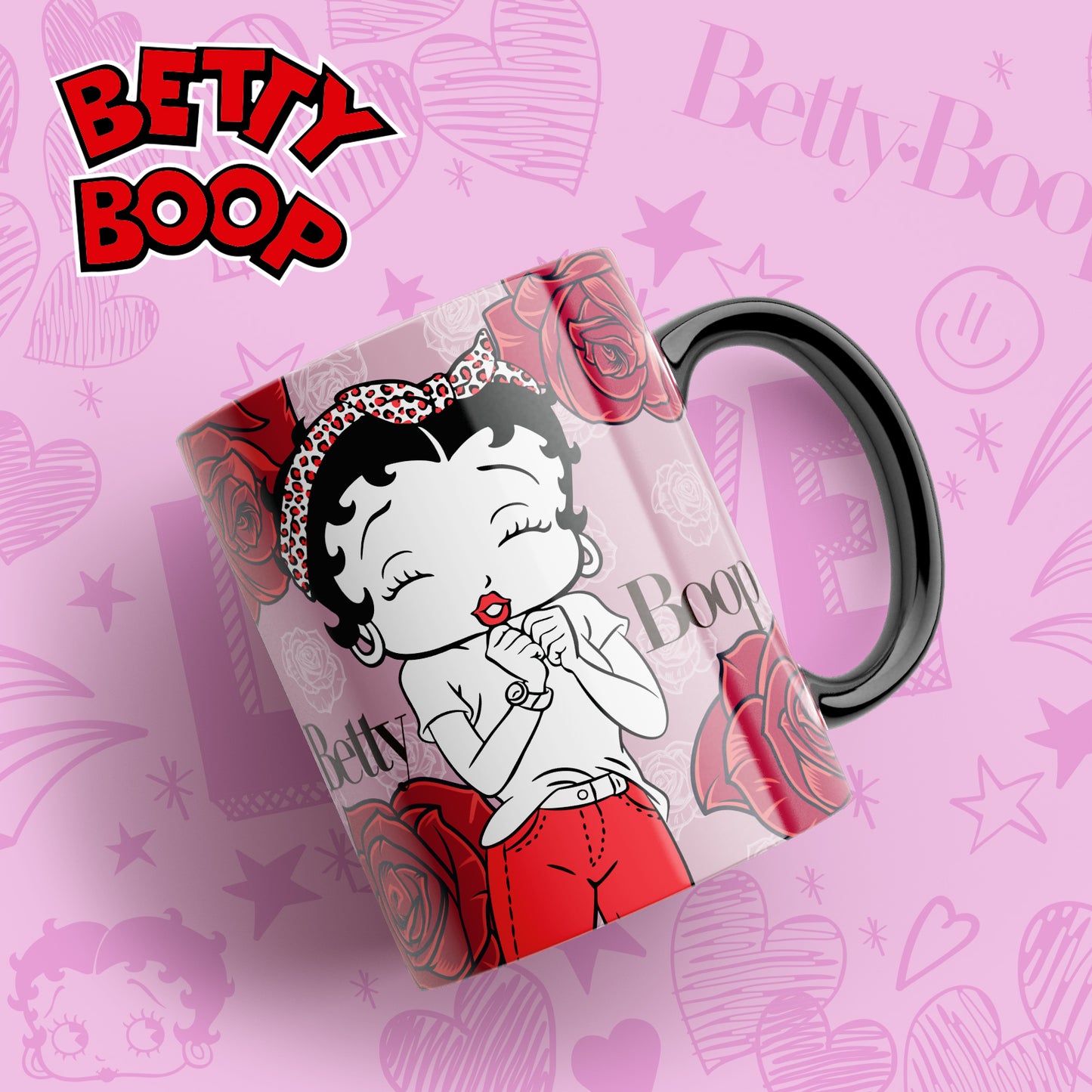 Tazas Betty Boop "Betty Fondo Rosa". Aptas para el lavavajillas y microondas.