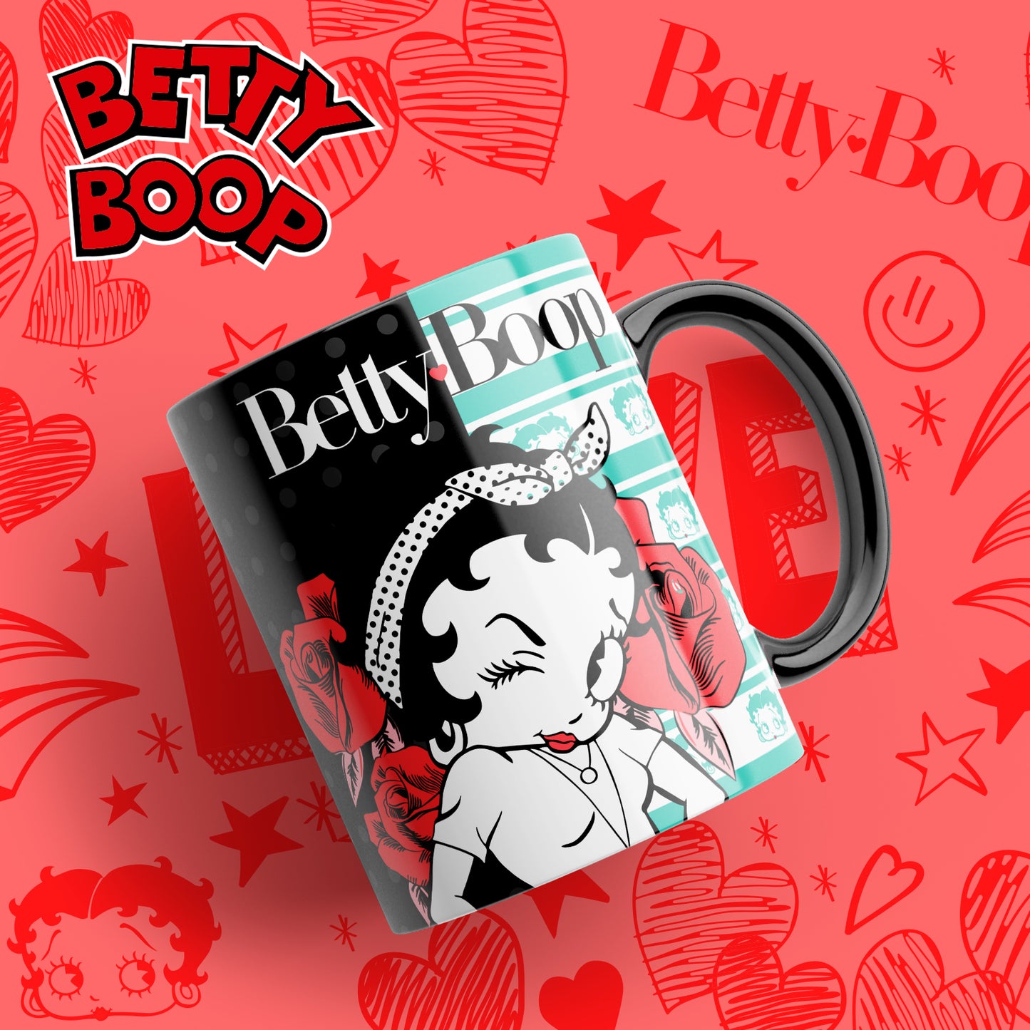 Tazas Betty Boop "Betty Fondo Negro y Verde". Aptas para el lavavajillas y microondas.